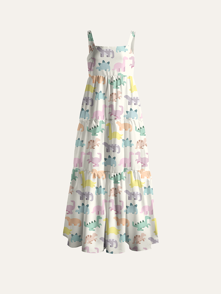 Minimal Pastel Block Dinosaur Adjustable Wide Straps Maxi Dress
