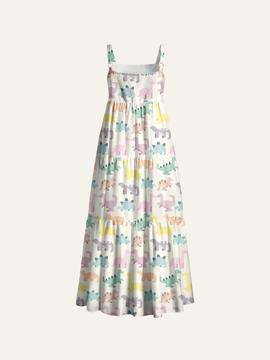 Minimal Pastel Block Dinosaur Adjustable Wide Straps Maxi Dress