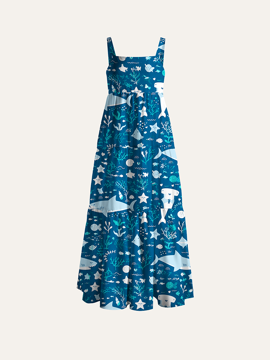 Cute Nautical Ocean Kids Adjustable Wide Straps Maxi Dress