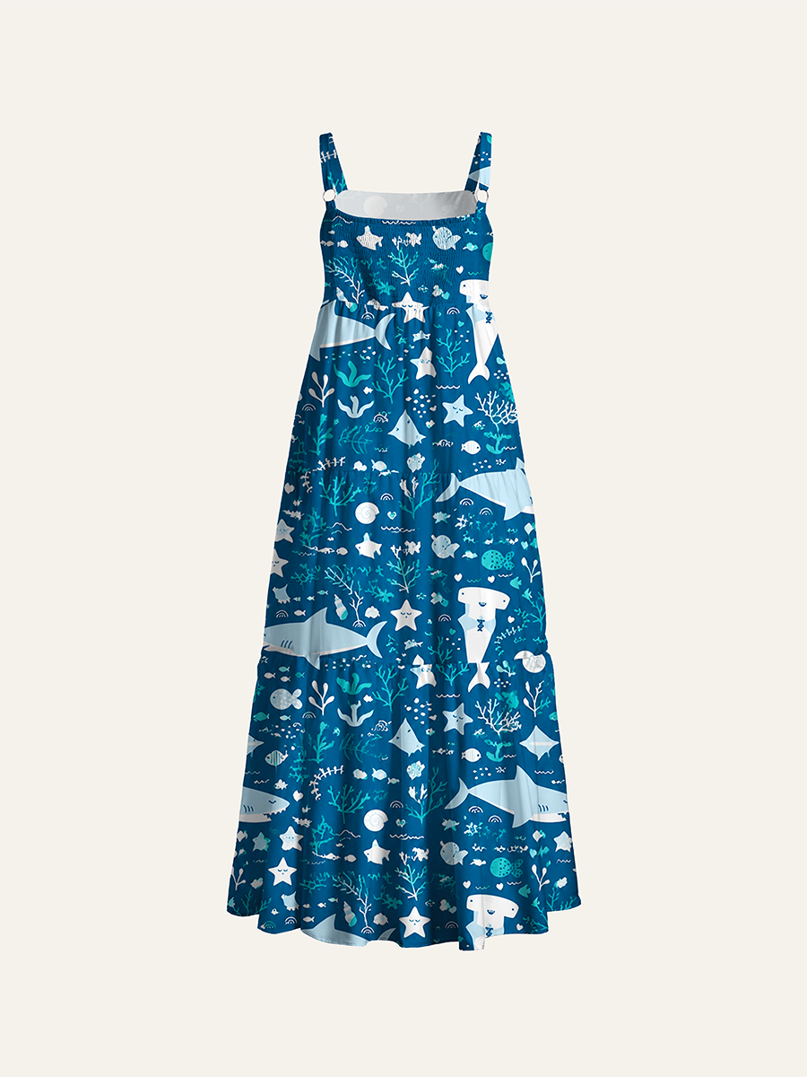 Cute Nautical Ocean Kids Adjustable Wide Straps Maxi Dress