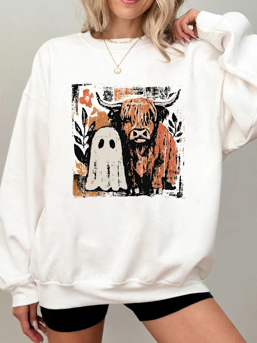 Vintage Highland Cow Ghost Oversize Graphic Sweatshirt