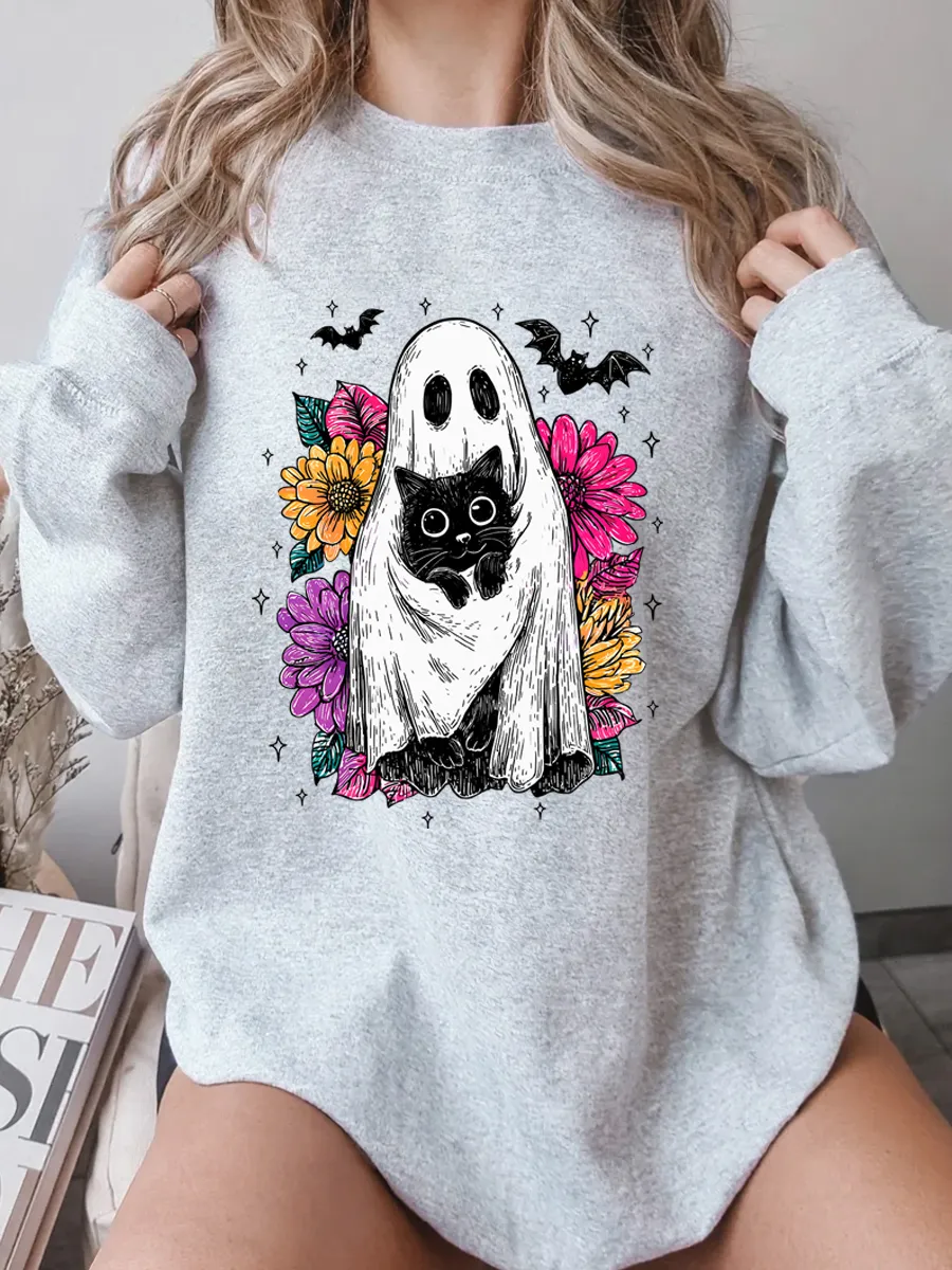 Vintage Floral Ghost Black Cat Oversize Graphic Sweatshirt