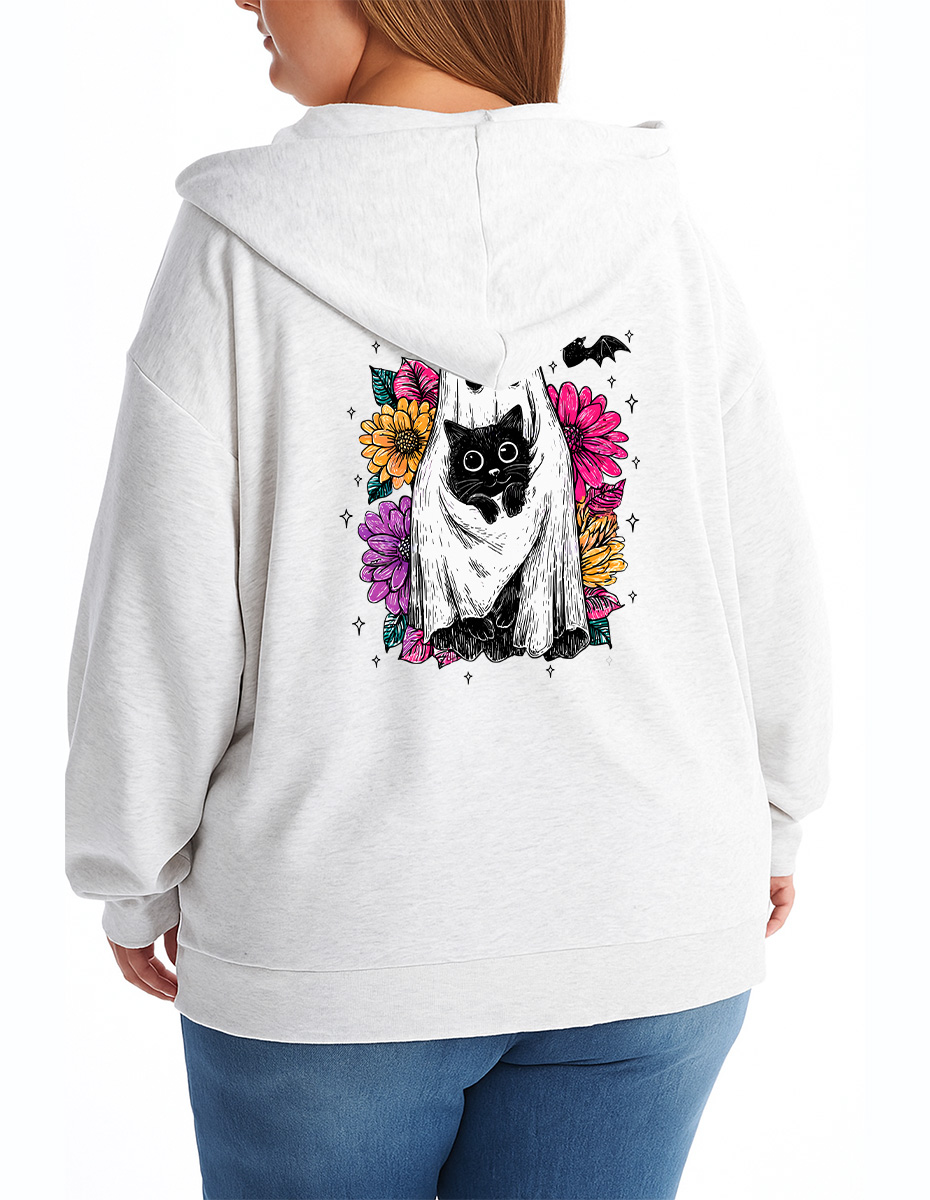 Vintage Floral Ghost Black Cat Zip Hoodie