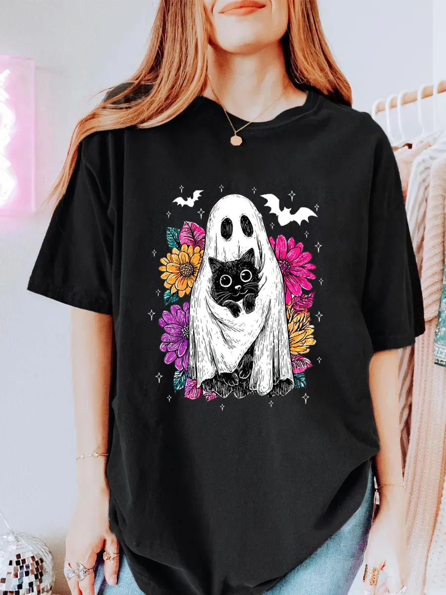 Vintage Floral Ghost Black Cat Oversize Graphic Tee