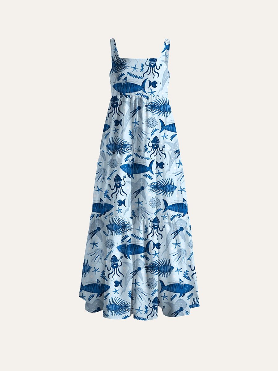 Coastal Blue Nautical Watercolor Adjustable Wide Straps Maxi Dress