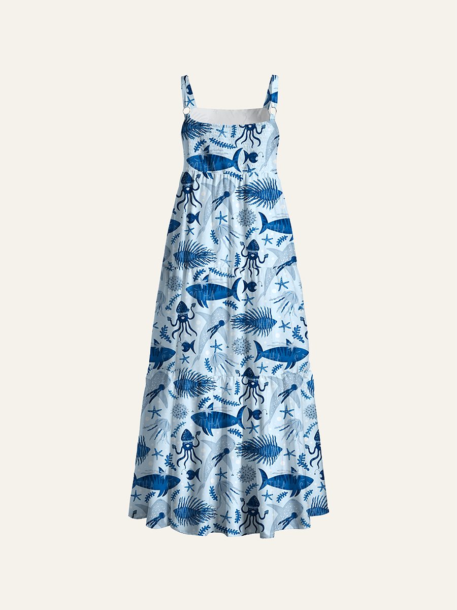 Coastal Blue Nautical Watercolor Adjustable Wide Straps Maxi Dress