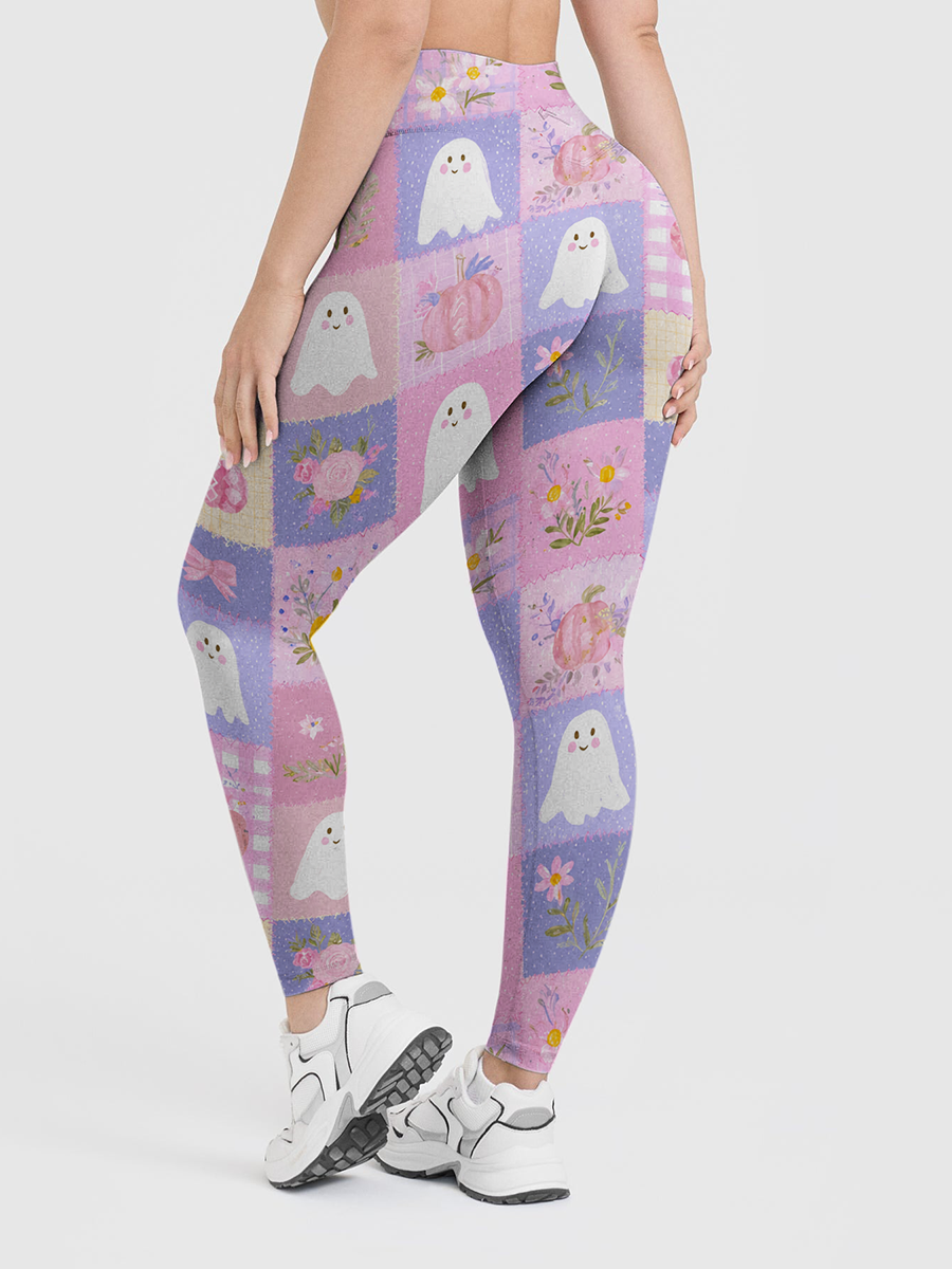 Vintage Patchwork Ghost Pumpkin Halloween Leggings