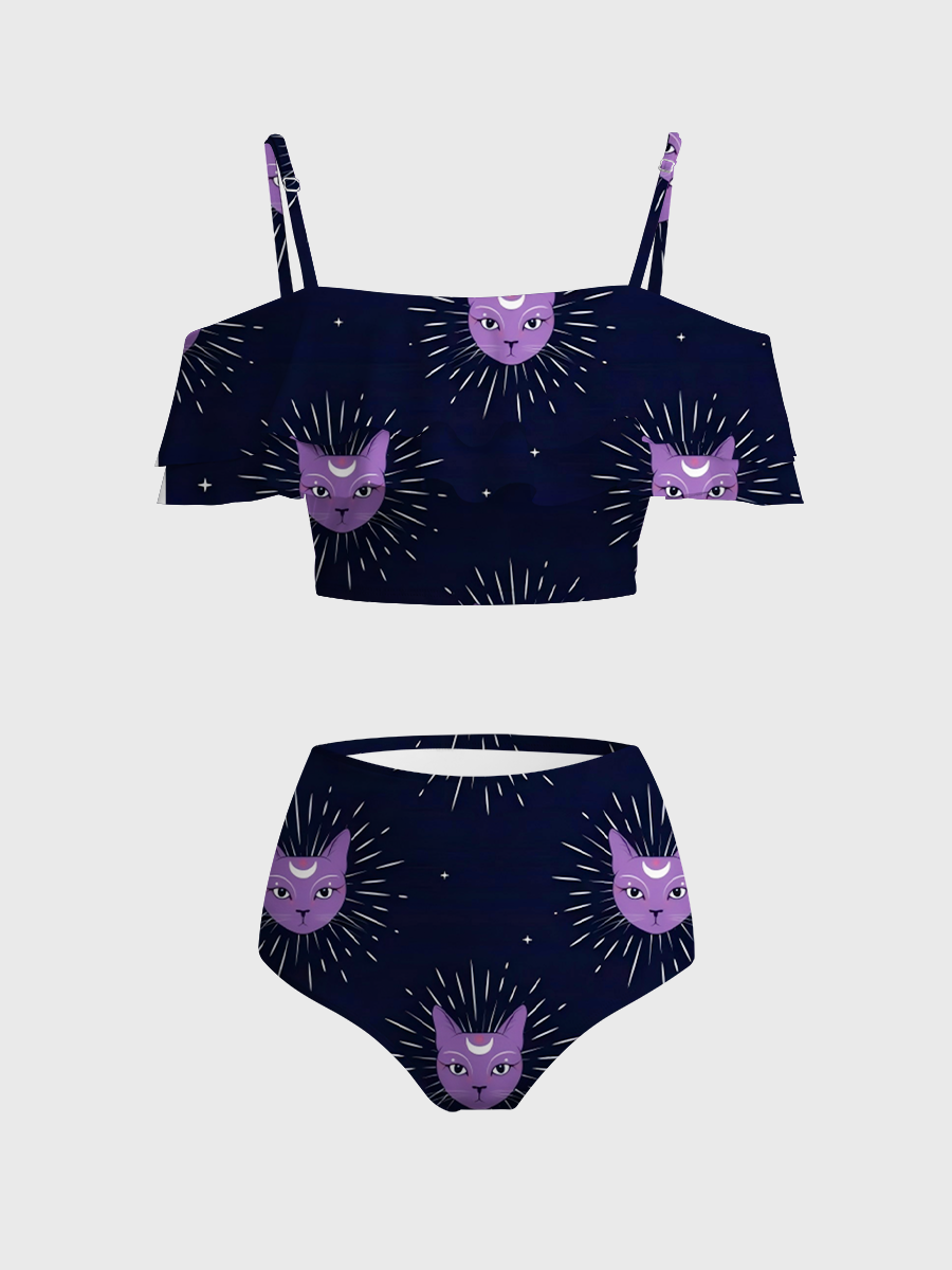 Vintage Bohemian Celestial Cat Two Piece Ruffled Tankini Swimsuit