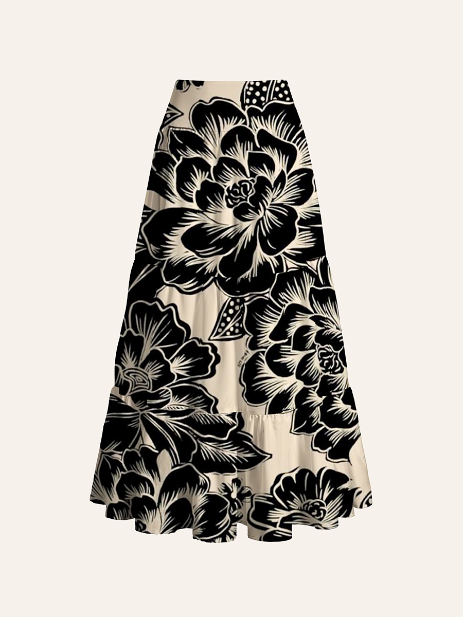 Vintage Black Line Peony Convertible Maxi Skirts