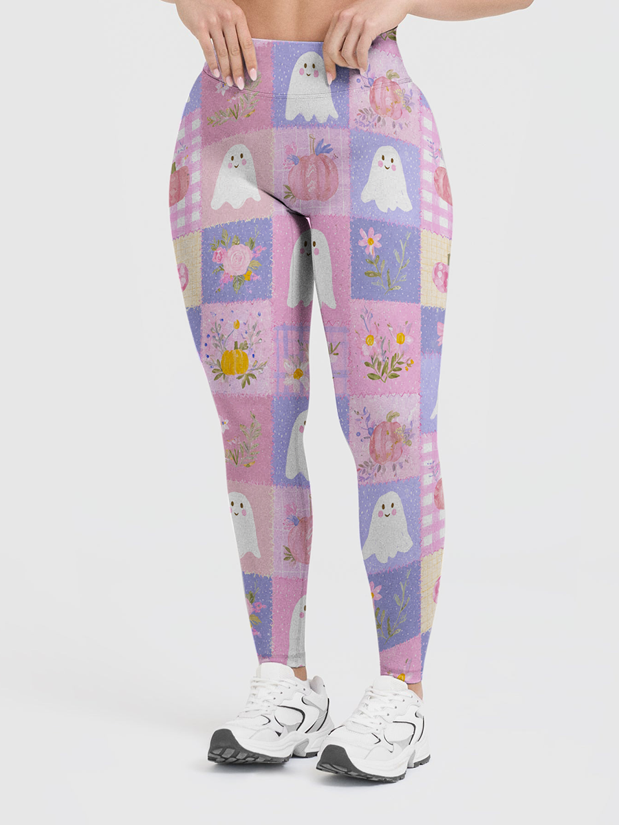 Vintage Patchwork Ghost Pumpkin Halloween Leggings