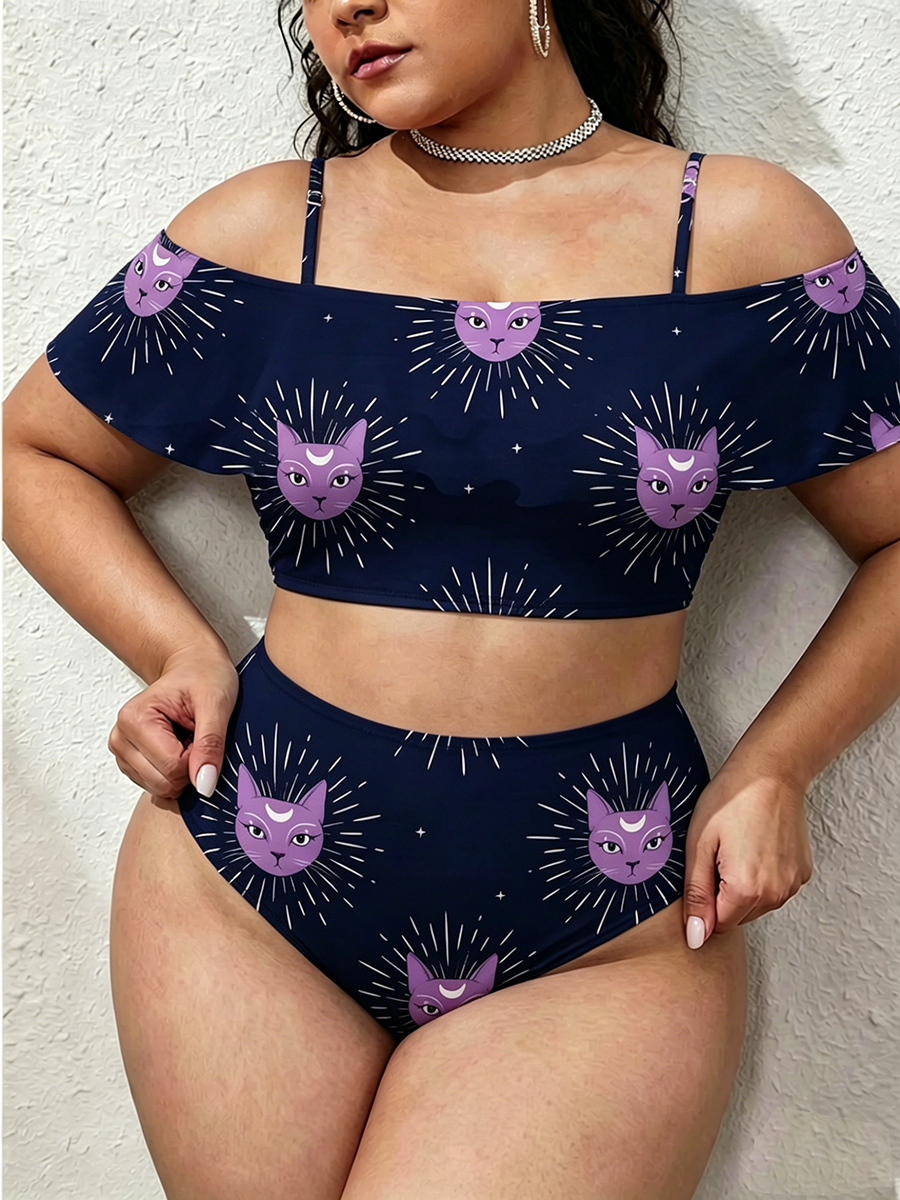 Vintage Bohemian Celestial Cat Two Piece Ruffled Tankini Swimsuit