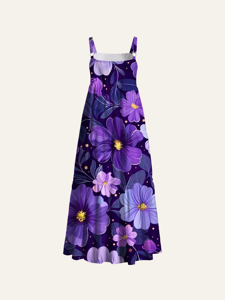 Dark Lavender Bloom Pattern Adjustable Wide Straps Maxi Dress