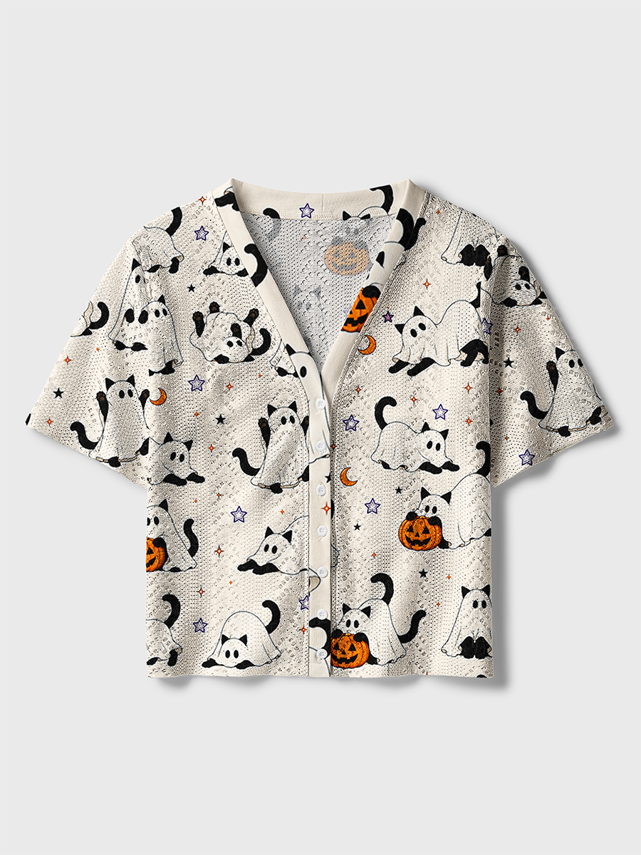 Ghost Black Cat Pumpkin Halloween Crochet Button Down Cardigan