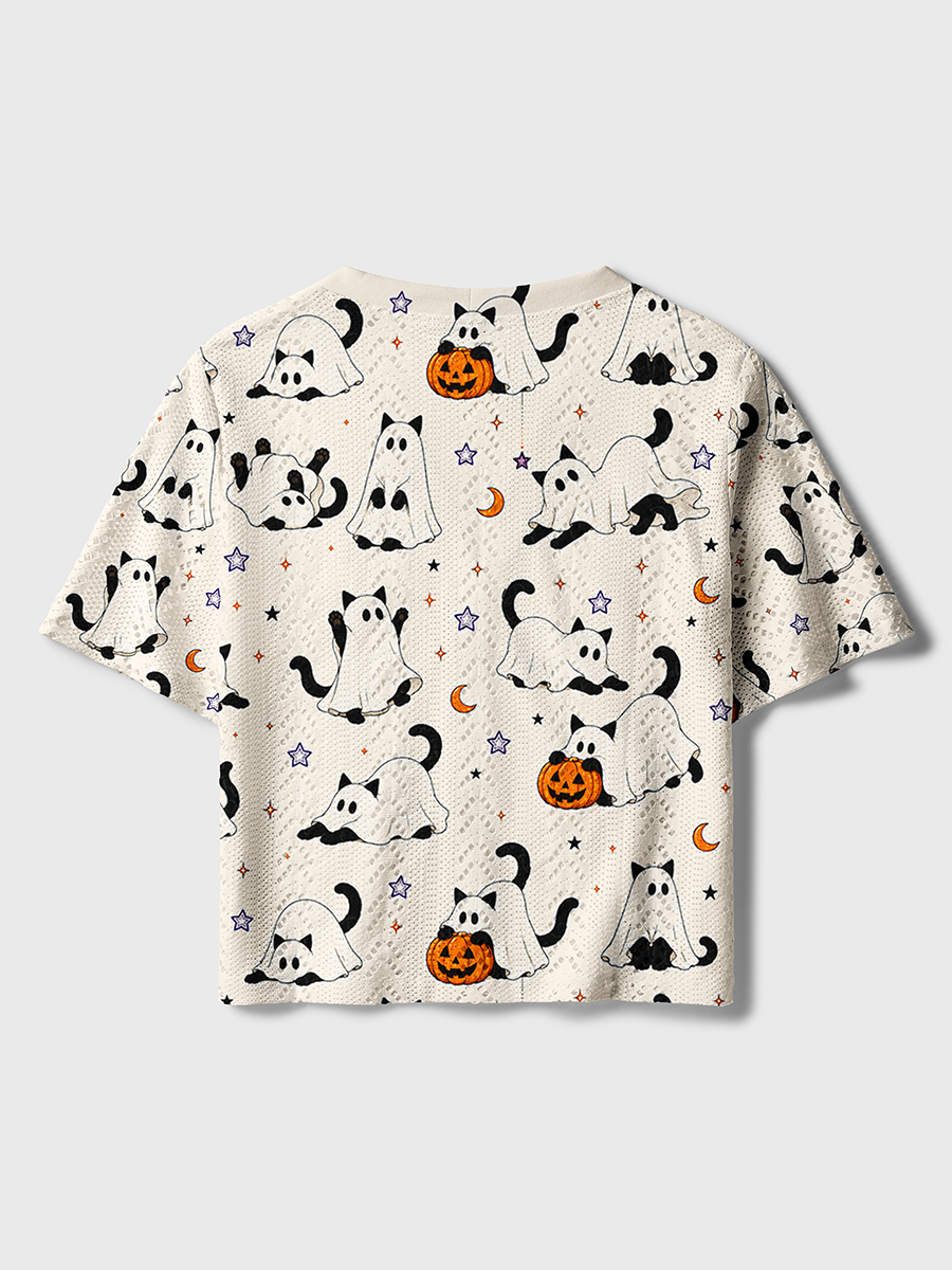 Ghost Black Cat Pumpkin Halloween Crochet Button Down Cardigan