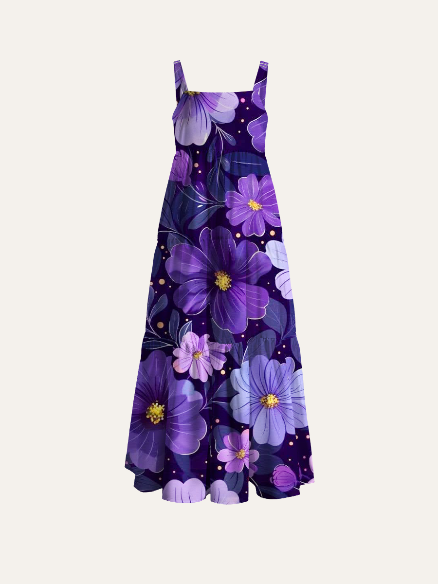 Dark Lavender Bloom Pattern Adjustable Wide Straps Maxi Dress