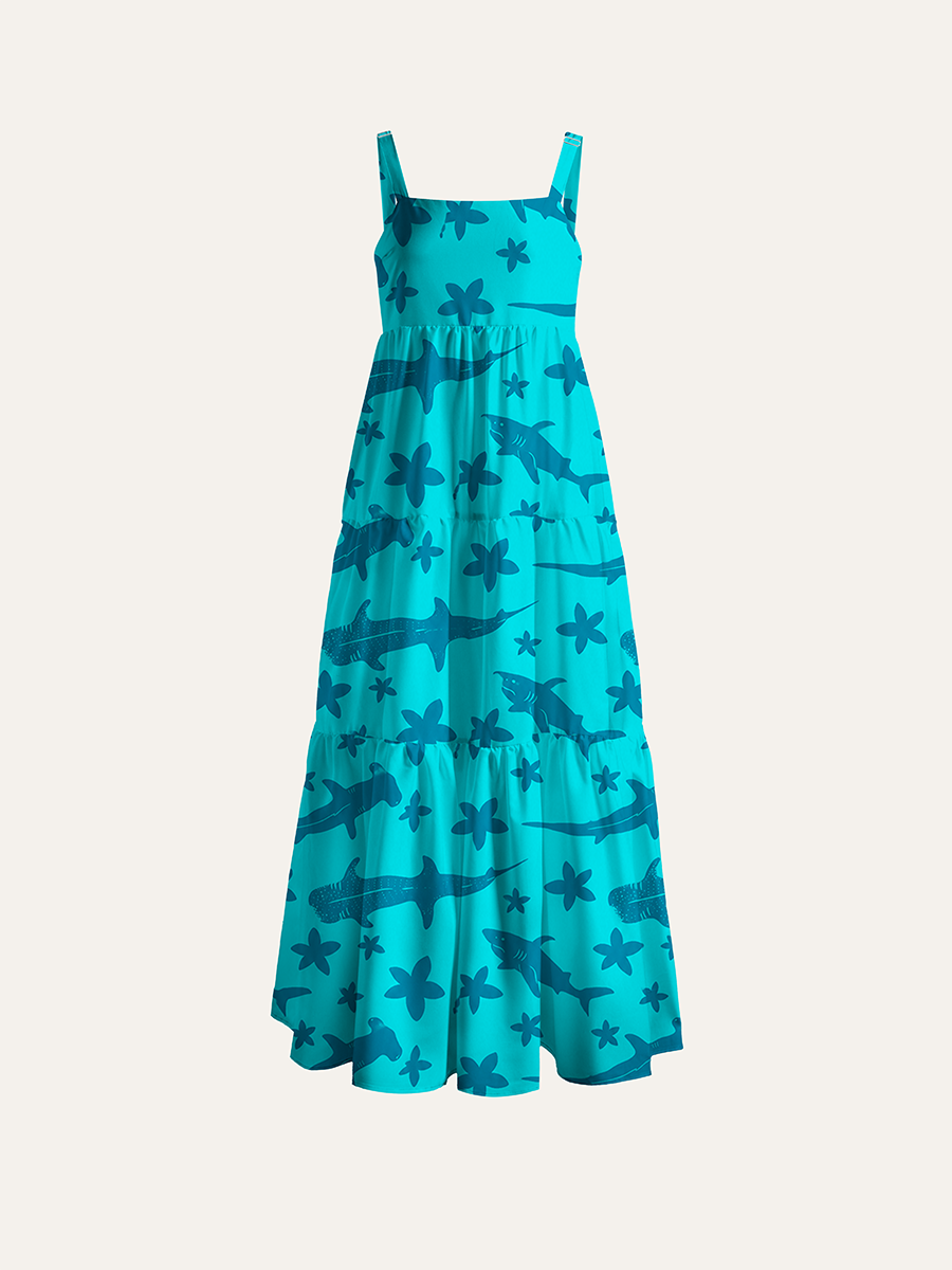 Modern Tropical Silhouette Marine Adjustable Wide Straps Maxi Dress