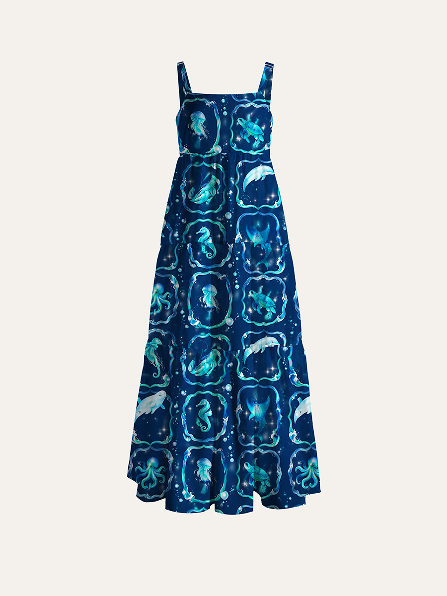 Dark Navy Framed Glitter Underwater Creature Adjustable Wide Straps Maxi Dress