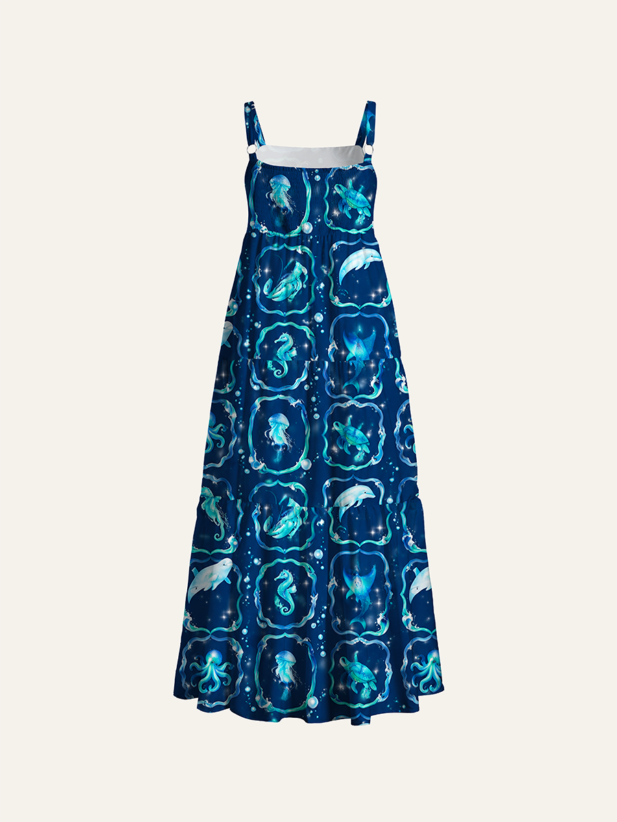 Dark Navy Framed Glitter Underwater Creature Adjustable Wide Straps Maxi Dress