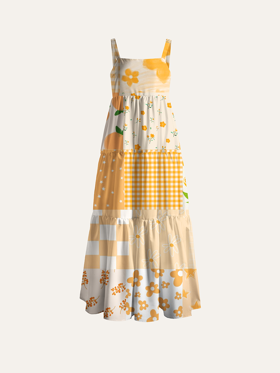 Orange Citrus Gingham Patchwork Adjustable Wide Straps Maxi Dress