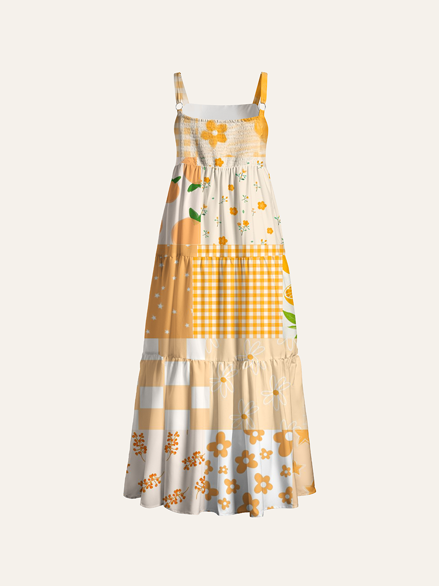 Orange Citrus Gingham Patchwork Adjustable Wide Straps Maxi Dress