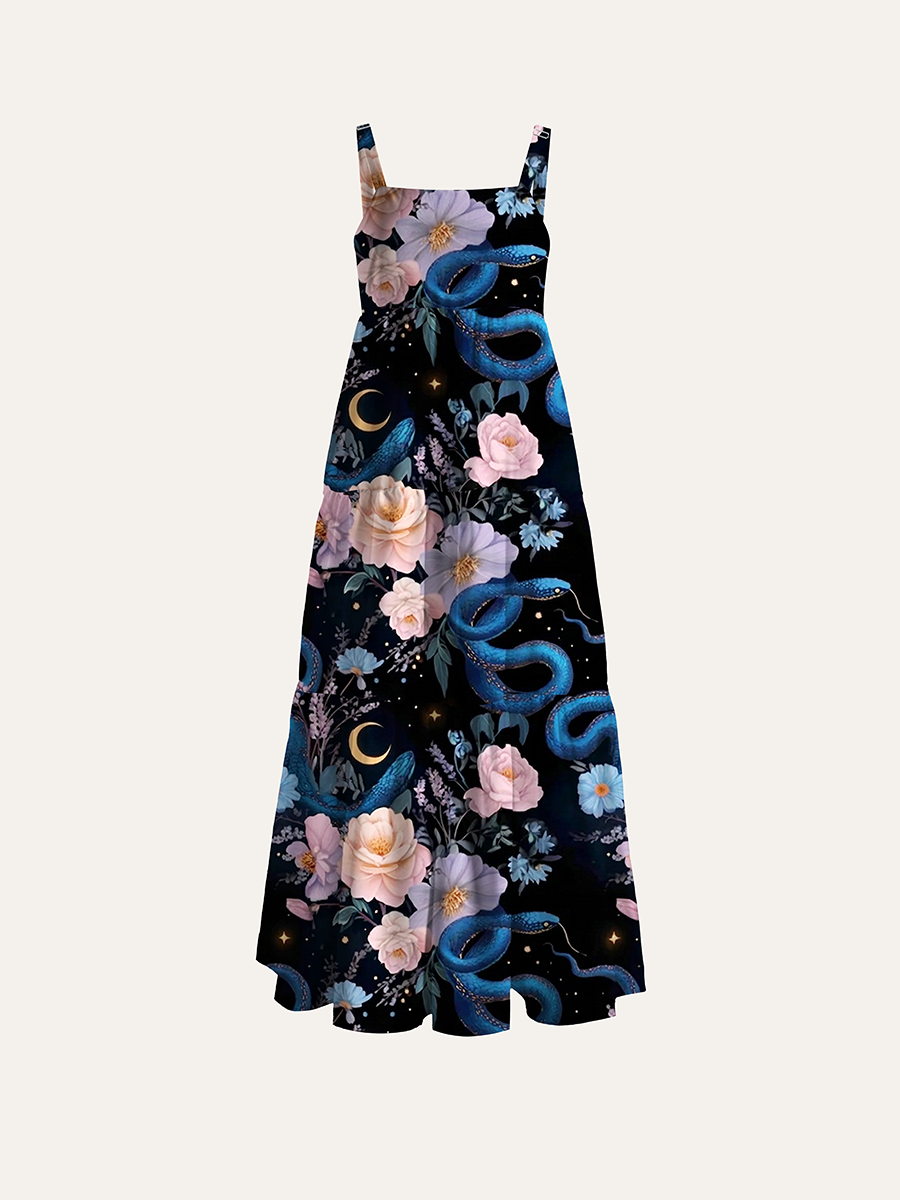 Dark Blue Snake Floral Moon Star Magical Adjustable Wide Straps Maxi Dress