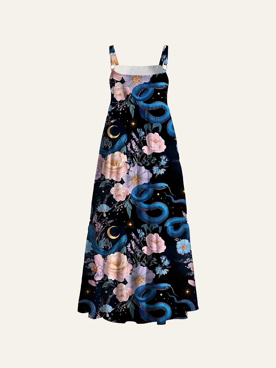 Dark Blue Snake Floral Moon Star Magical Adjustable Wide Straps Maxi Dress