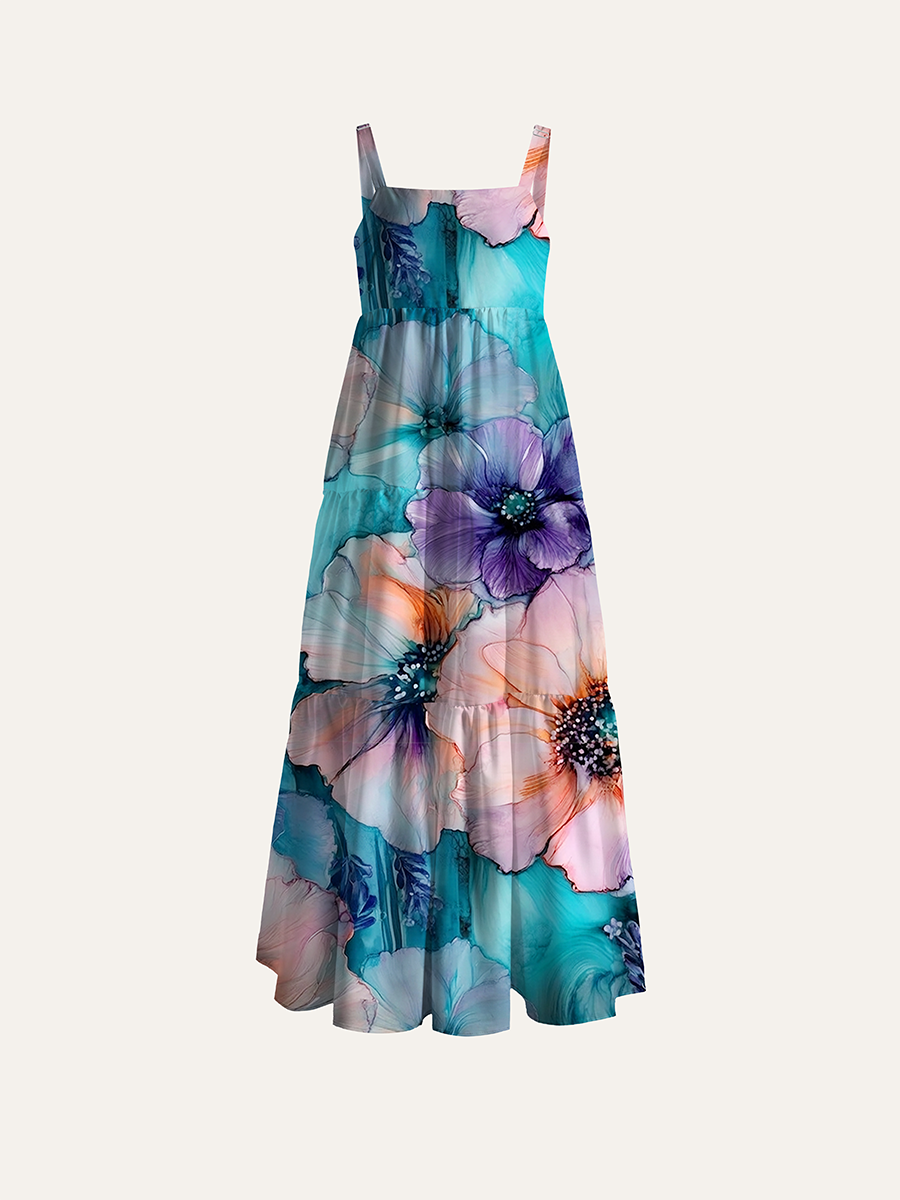 Fluid Art Alcohol Ink Botanical Adjustable Wide Straps Maxi Dress