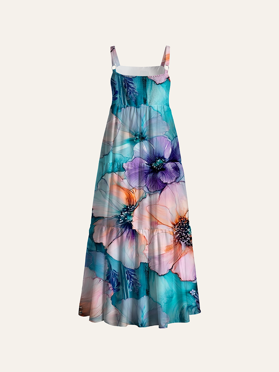 Fluid Art Alcohol Ink Botanical Adjustable Wide Straps Maxi Dress