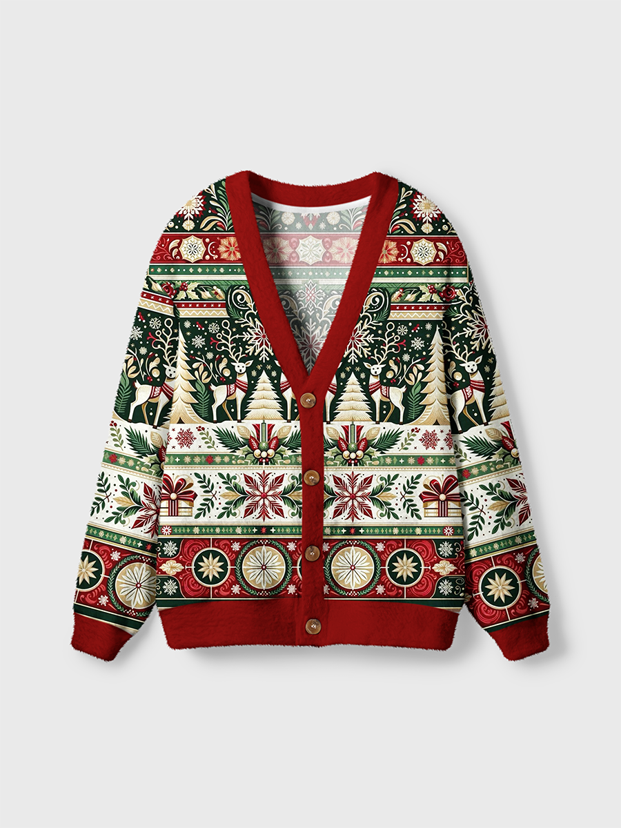Vintage Classic Traditional Christmas Stripes And Reindeer Cardigan Sweaters