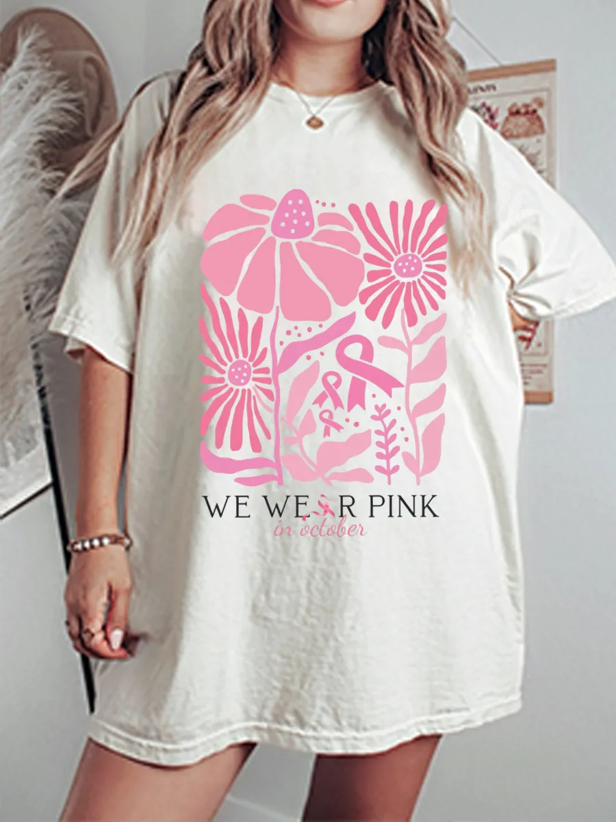 Vintage In October We Wear Pink Floral Oversize Graphic Tee