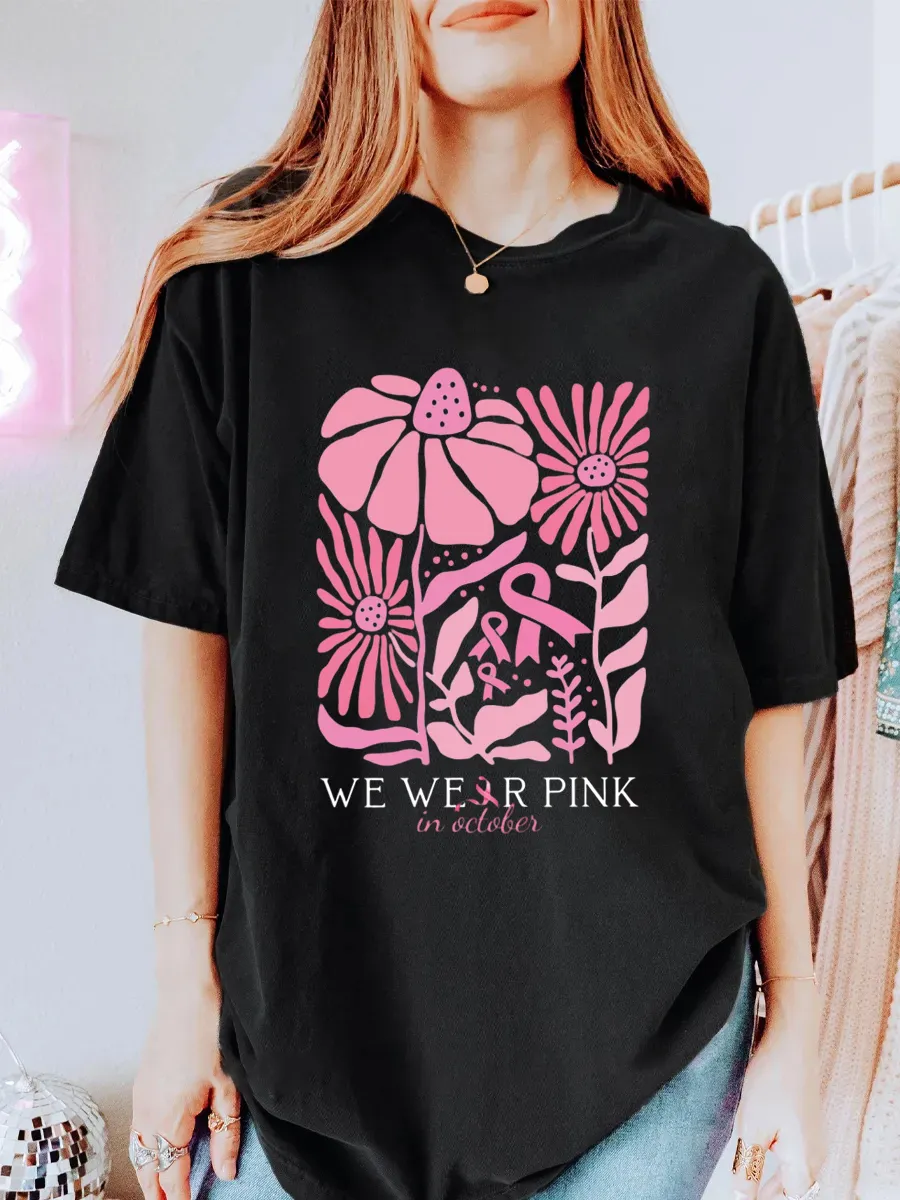 Vintage In October We Wear Pink Floral Oversize Graphic Tee