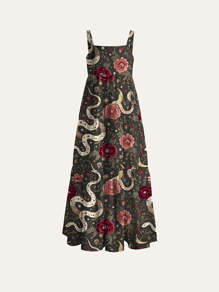 Vintage Cream Snake Red Rose Moon Floral Adjustable Wide Straps Maxi Dress
