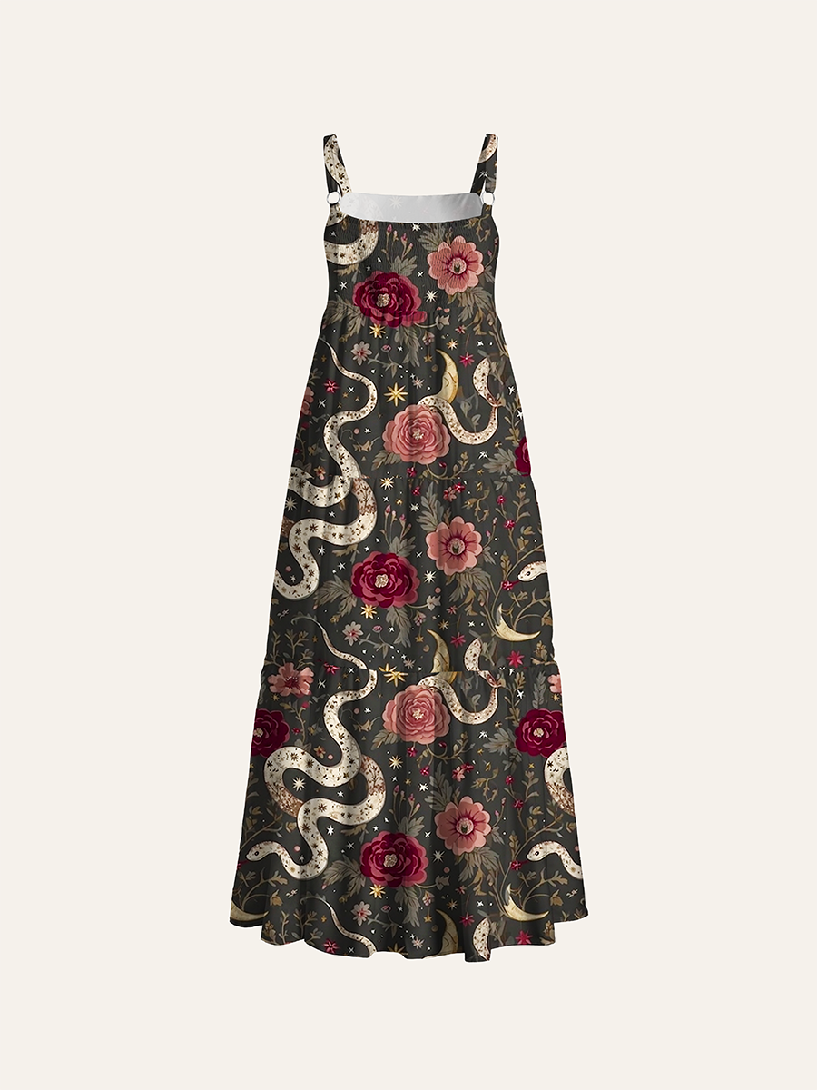 Vintage Cream Snake Red Rose Moon Floral Adjustable Wide Straps Maxi Dress