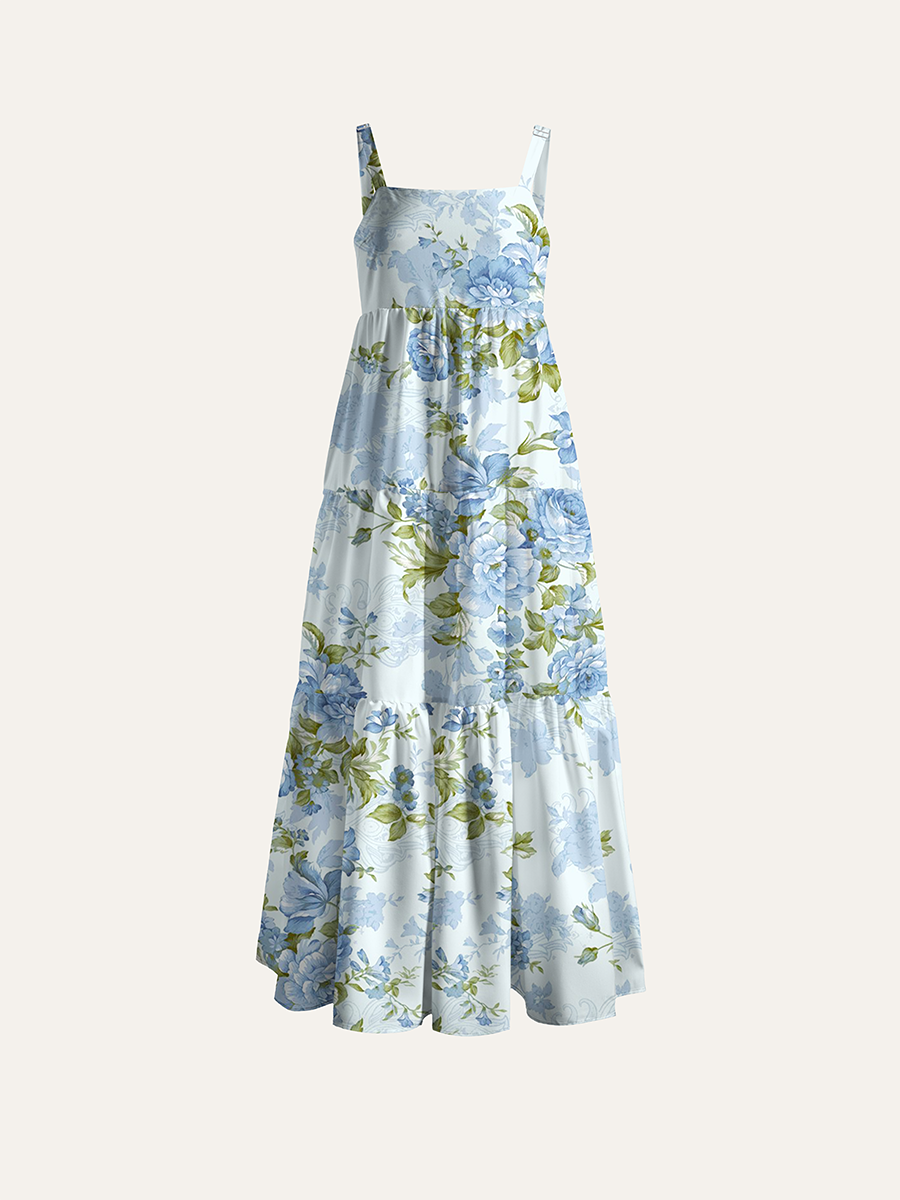 Light Blue Vintage Rose Cottage Floral Adjustable Wide Straps Maxi Dress