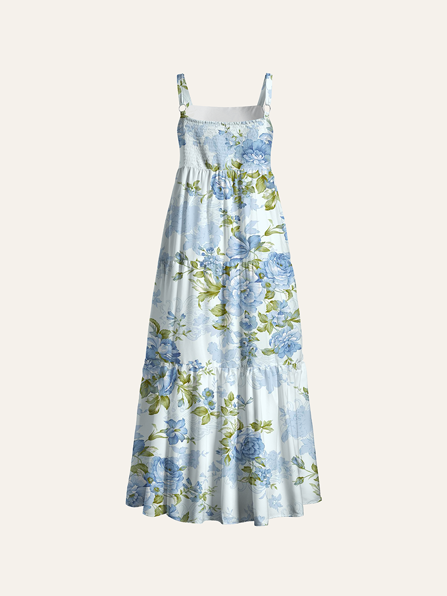 Light Blue Vintage Rose Cottage Floral Adjustable Wide Straps Maxi Dress