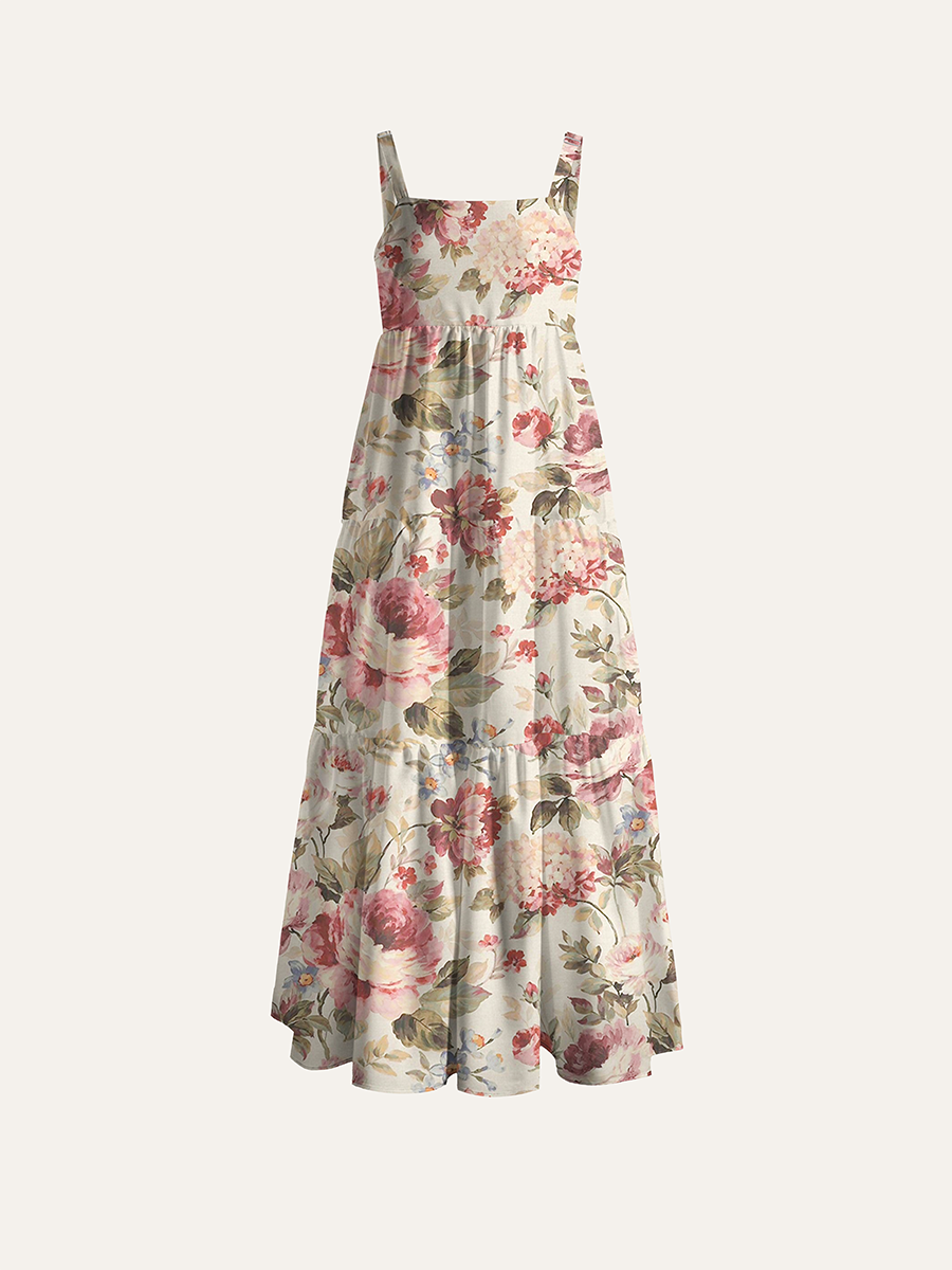 Cream Pink Rose Vintage Oil Painting Floral Adjustable Wide Straps Maxi Dress