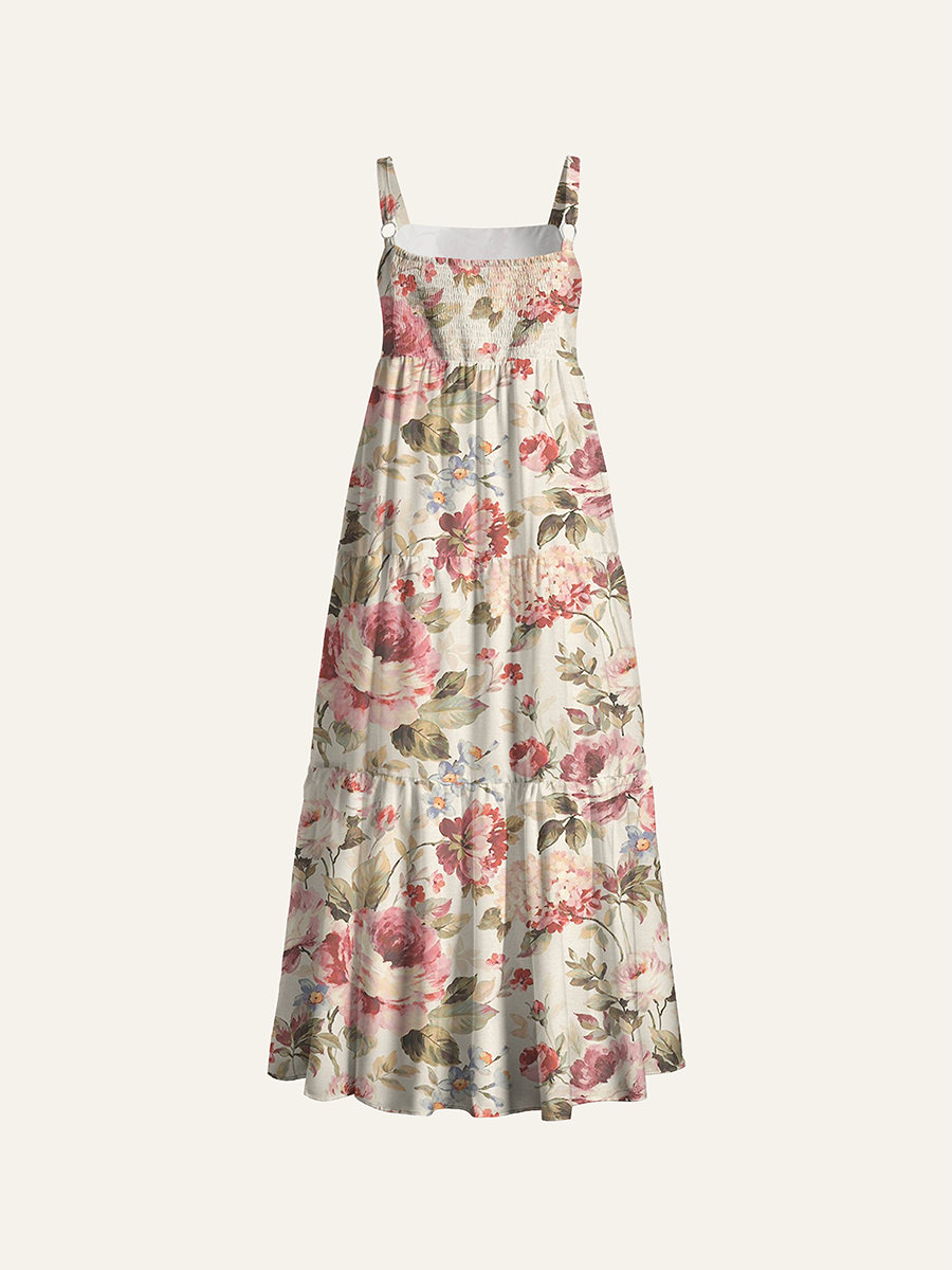 Cream Pink Rose Vintage Oil Painting Floral Adjustable Wide Straps Maxi Dress