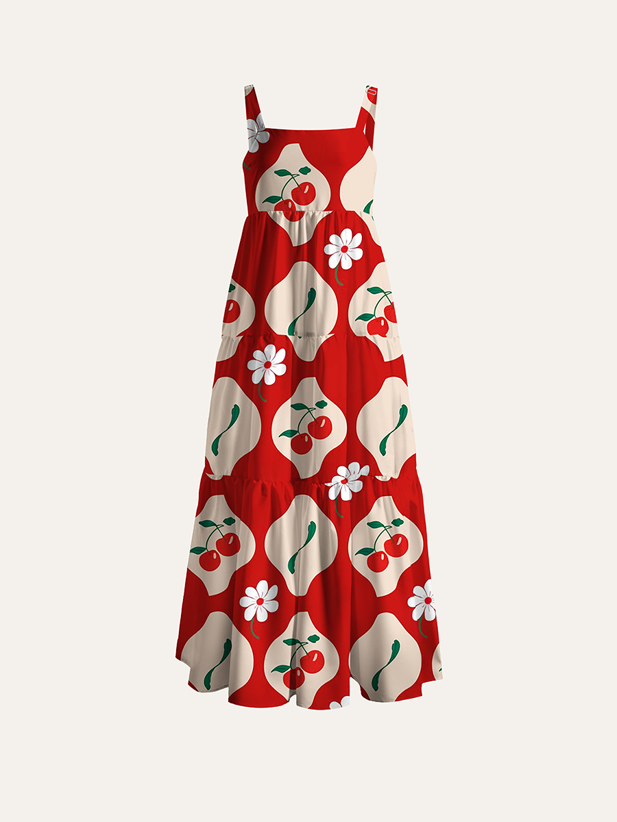 Red Retro Tile Cherry Daisy Geometric Adjustable Wide Straps Maxi Dress