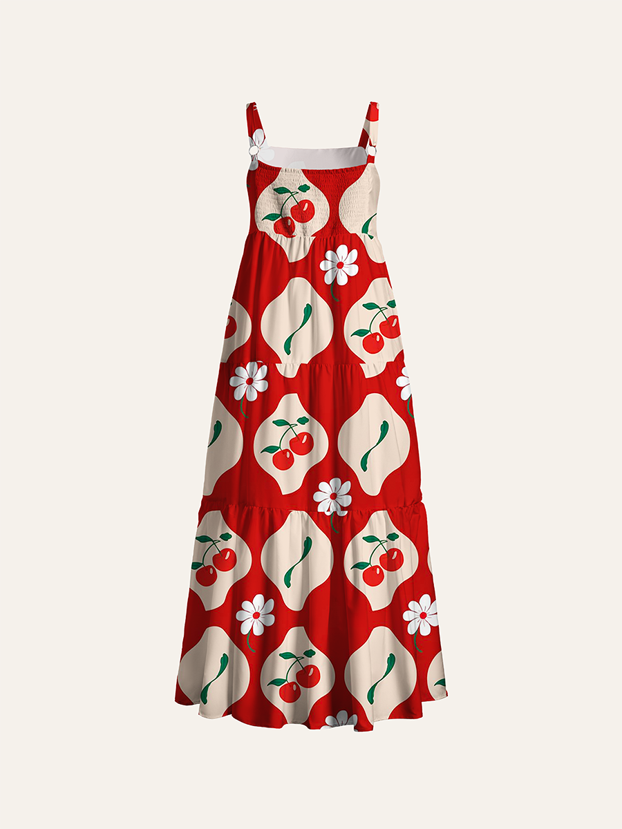 Red Retro Tile Cherry Daisy Geometric Adjustable Wide Straps Maxi Dress