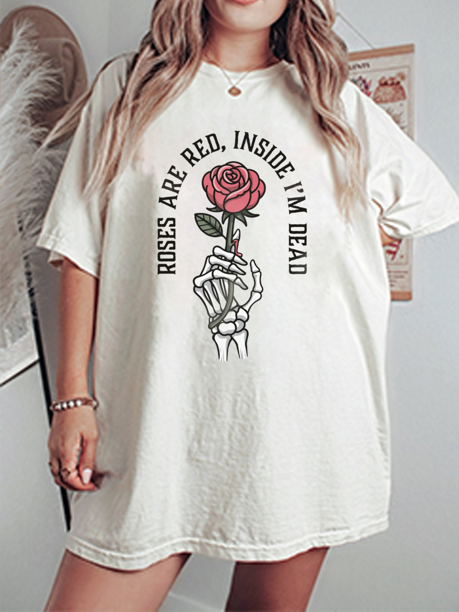 Vintage Skeleton Hand Rose Traditional Tattoo Oversize Graphic Tee