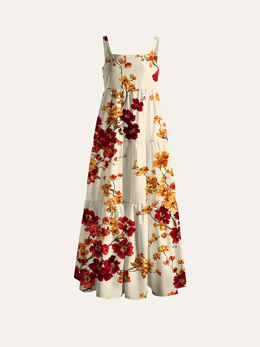 Fall Vintage Botanical Watercolor Adjustable Wide Straps Maxi Dress