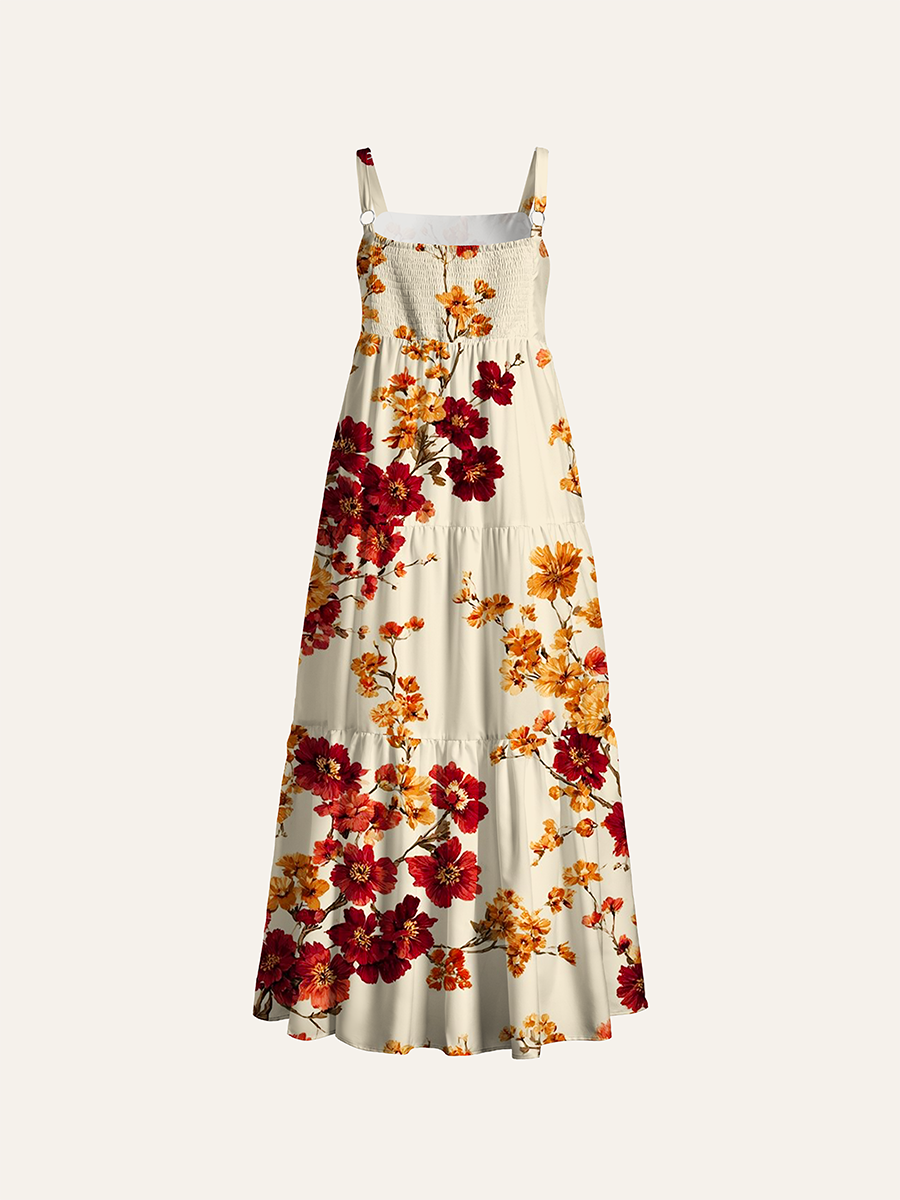 Fall Vintage Botanical Watercolor Adjustable Wide Straps Maxi Dress
