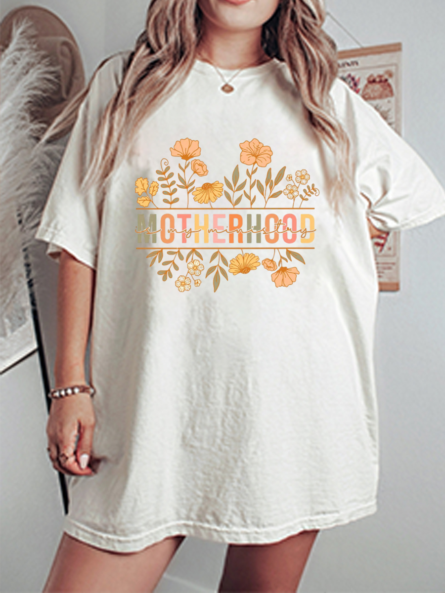 Vintage Floral Motherhood Is My Ministry Oversize Graphic Tee