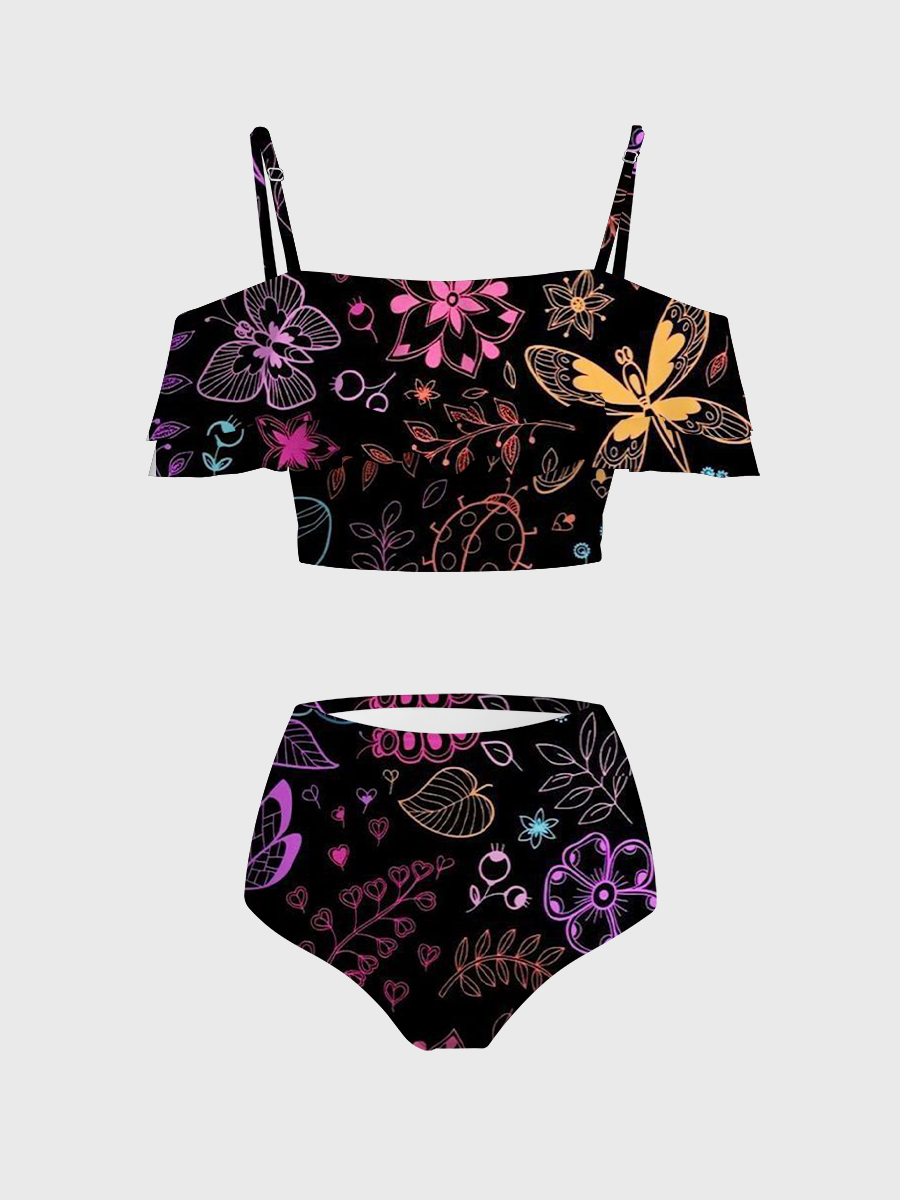 Vintage Whimsical Neon Butterfly Floral Two Piece Ruffled Tankini Swimsuit