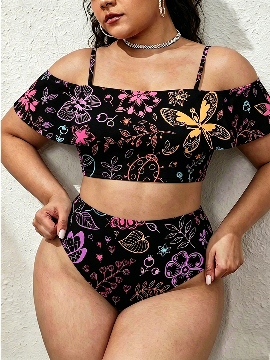 Vintage Whimsical Neon Butterfly Floral Two Piece Ruffled Tankini Swimsuit