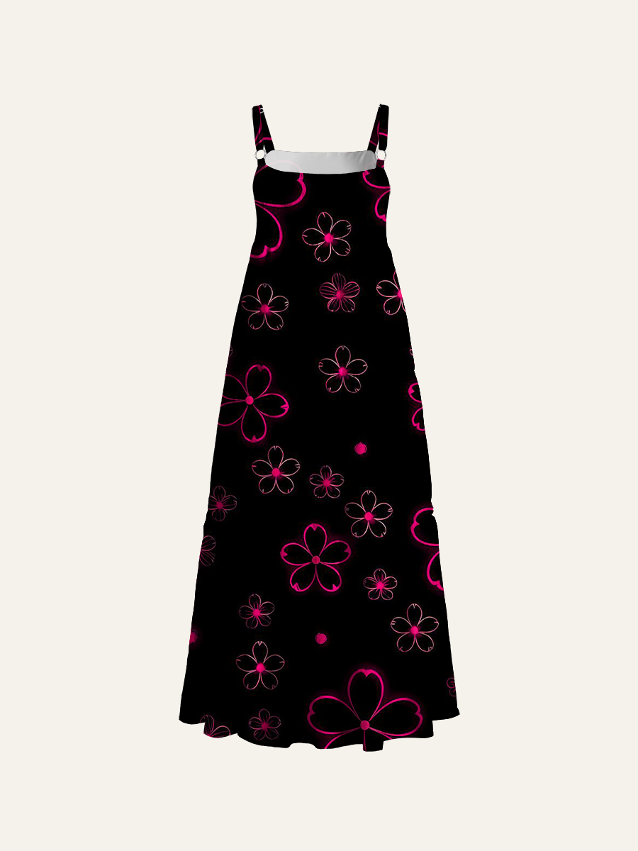 Neon Cherry Blossom Outline Print Adjustable Wide Straps Maxi Dress