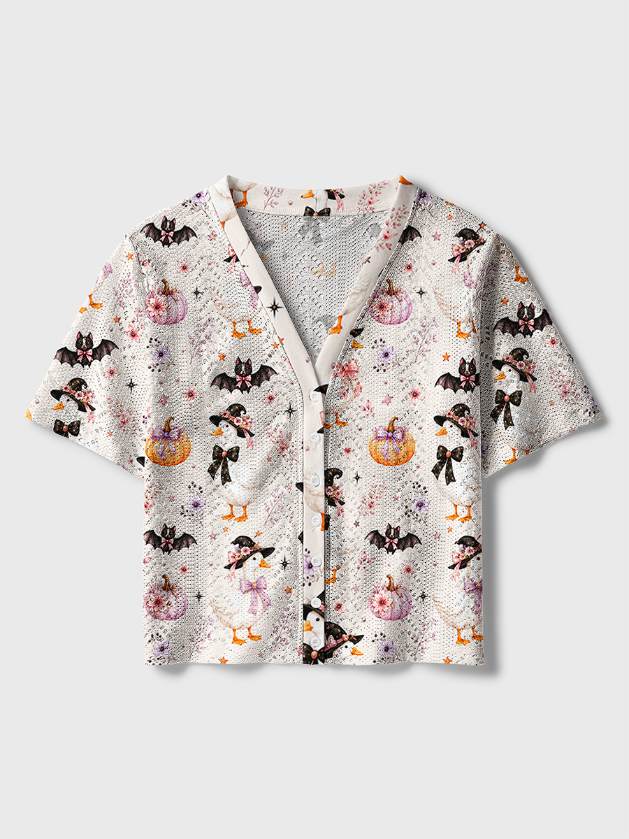 Pastel Cottage Halloween Watercolor Crochet Button Down Cardigan