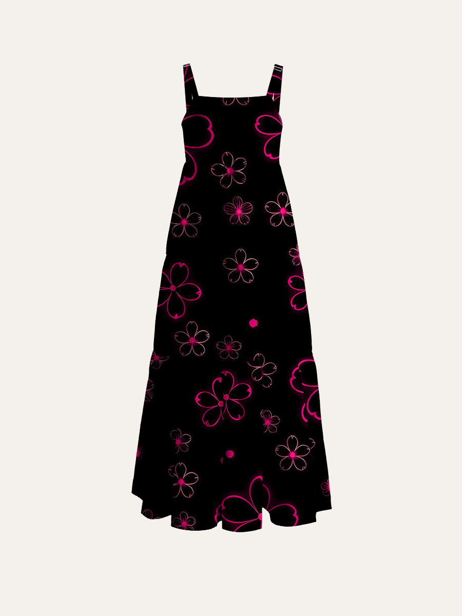 Neon Cherry Blossom Outline Print Adjustable Wide Straps Maxi Dress