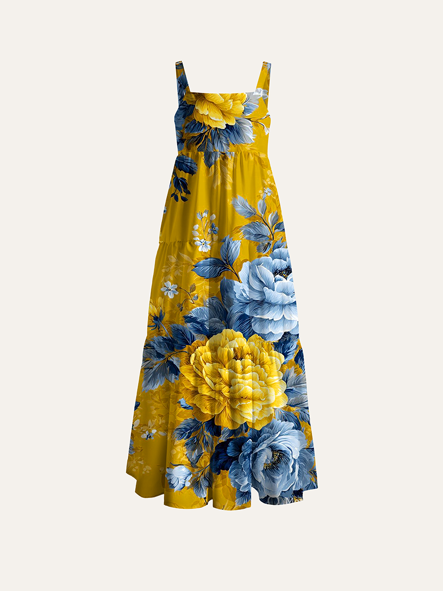 Tropical Vintage Chintz Floral Oil Adjustable Wide Straps Maxi Dress