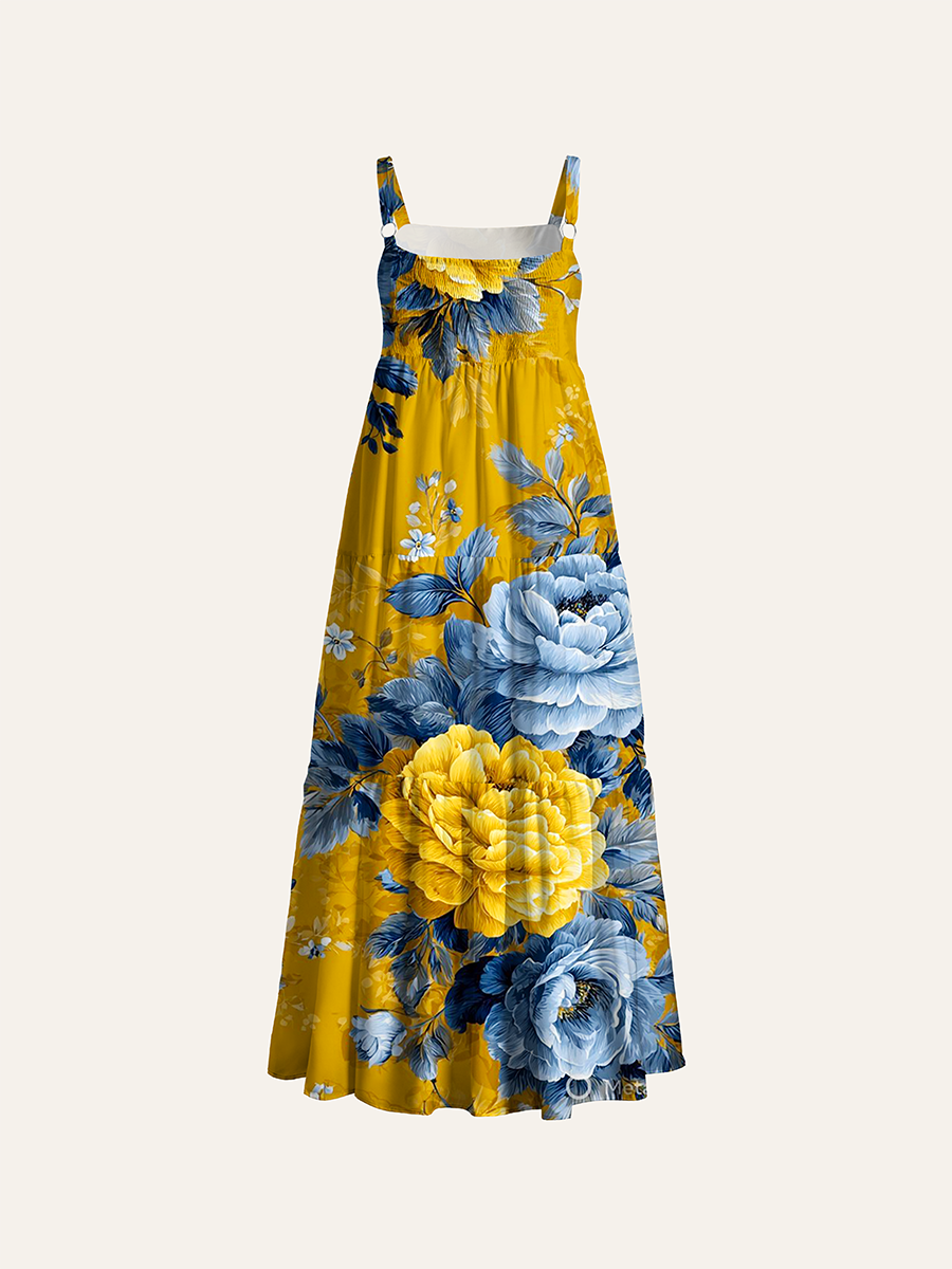 Tropical Vintage Chintz Floral Oil Adjustable Wide Straps Maxi Dress